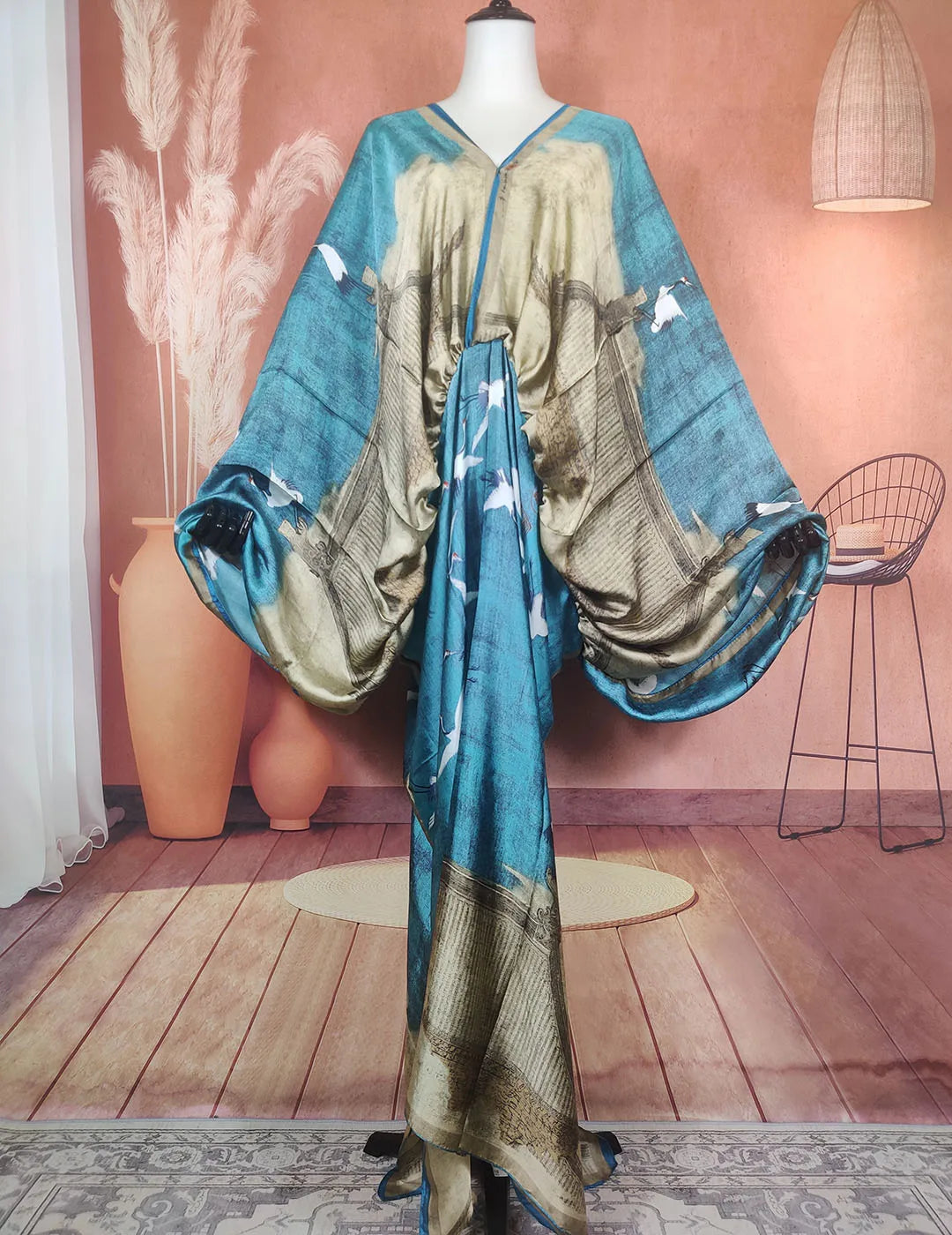 African Dresses For Women Bohomian Summer Beach Party  V-Neck Dress Europe Fashion Silk Printed Batwing Sleeve Boubou