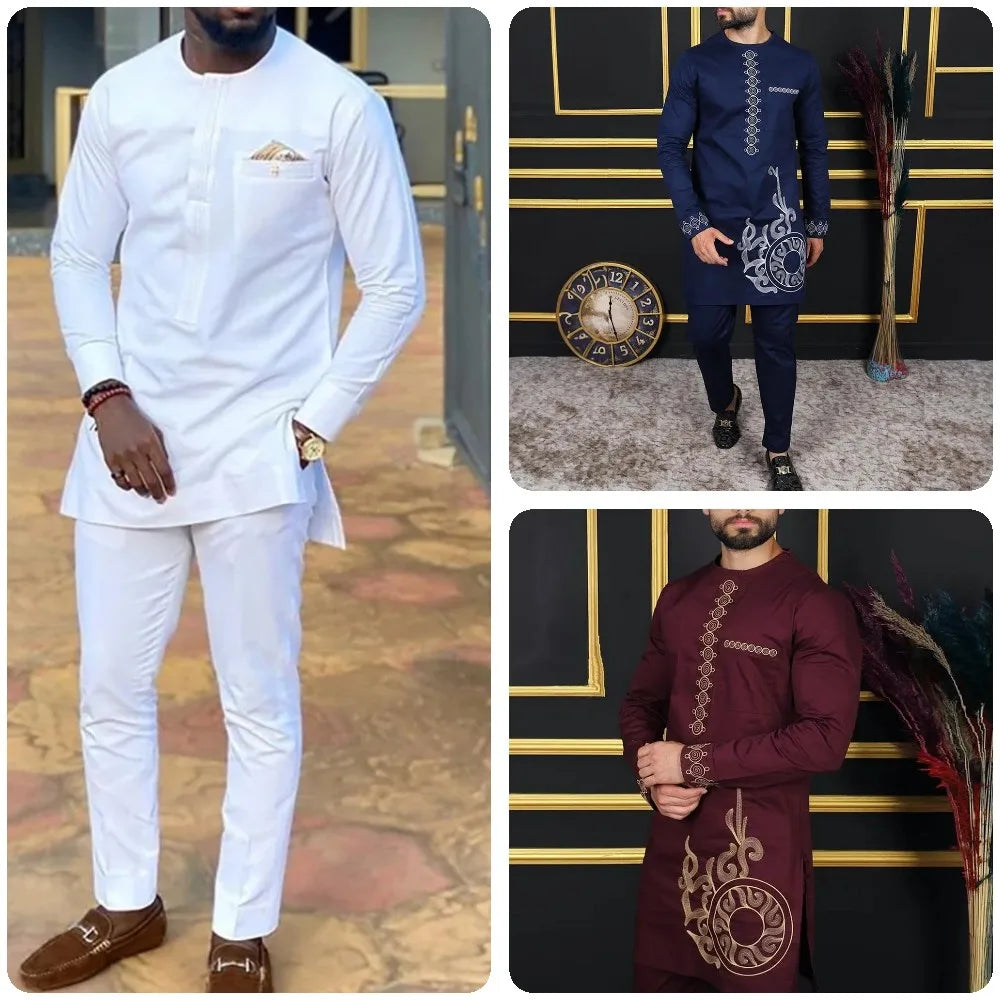 2025 hommes africains Dashiki à manches longues 2 pièces ensemble tenue traditionnelle afrique vêtements blanc hommes costume homme chemise pantalon costumes
