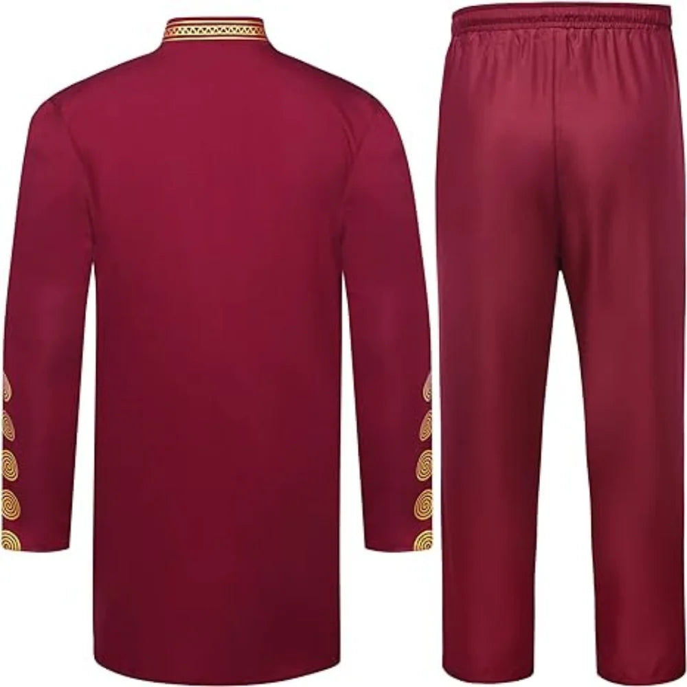 Chemise africaine à manches longues pour hommes, chemise à col chinois imprimé en métal doré, ensemble deux pièces pour Festival National traditionnel de mariage