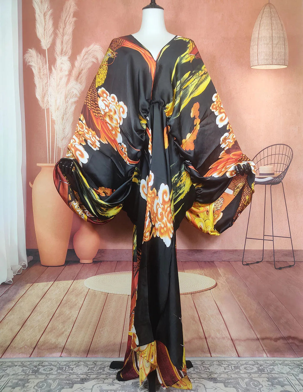 African Dresses For Women Bohomian Summer Beach Party  V-Neck Dress Europe Fashion Silk Printed Batwing Sleeve Boubou