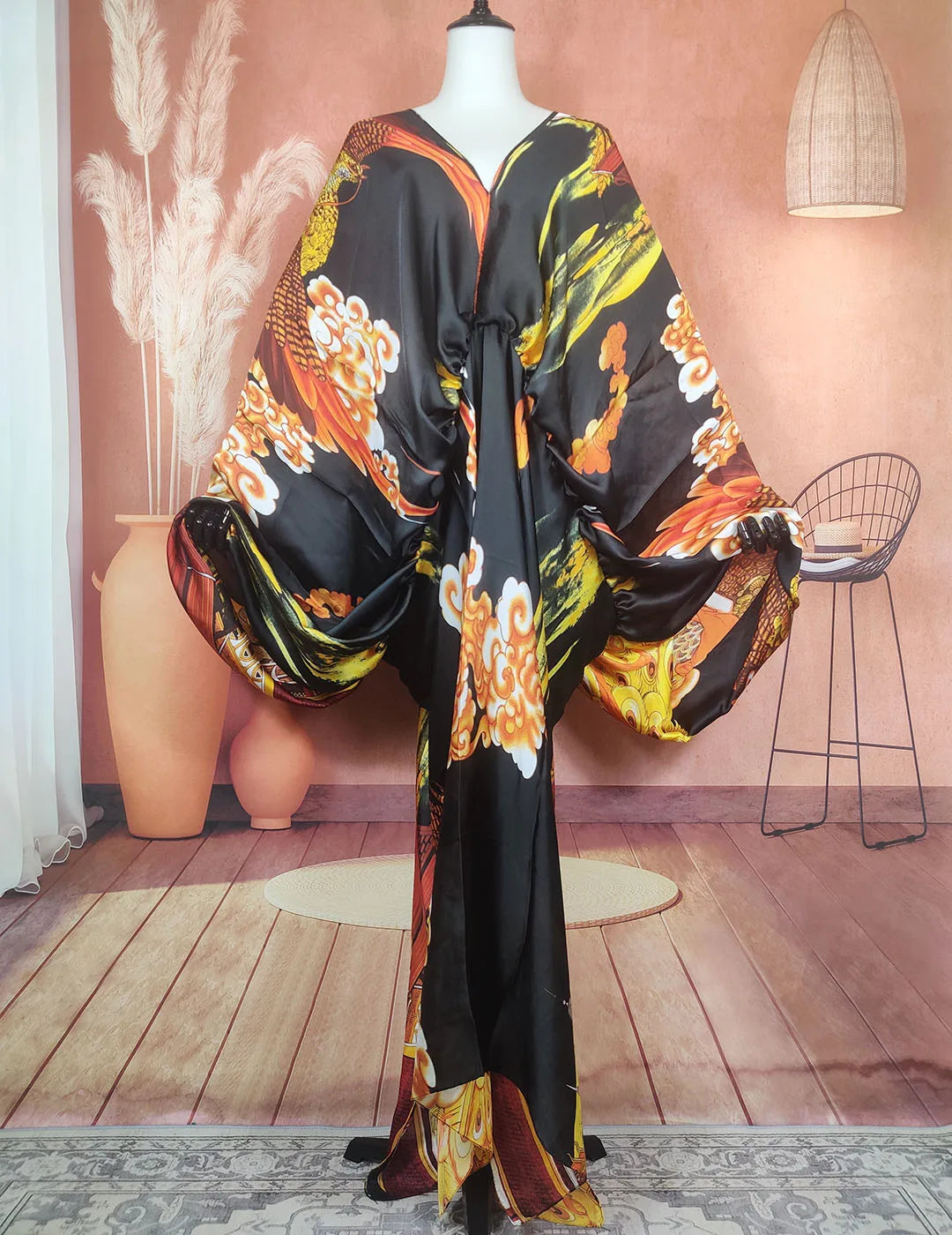 African Dresses For Women Bohomian Summer Beach Party  V-Neck Dress Europe Fashion Silk Printed Batwing Sleeve Boubou