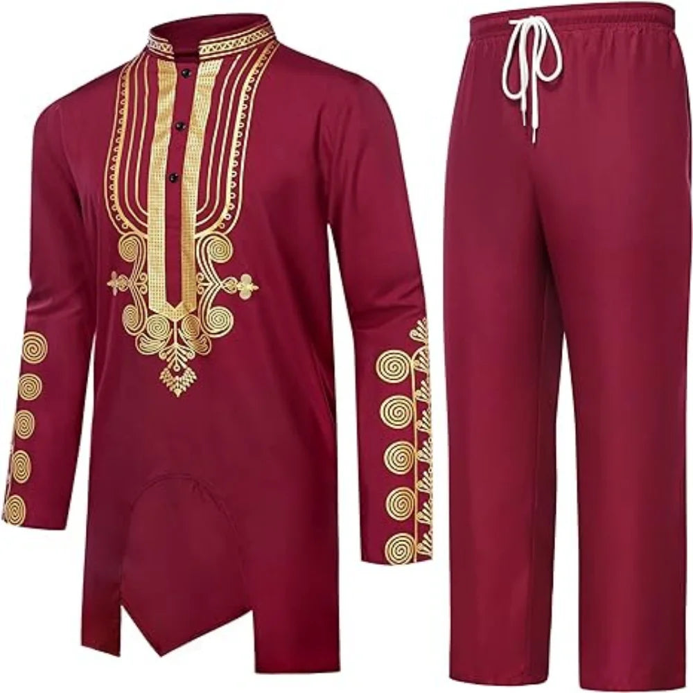 Chemise africaine à manches longues pour hommes, chemise à col chinois imprimé en métal doré, ensemble deux pièces pour Festival National traditionnel de mariage
