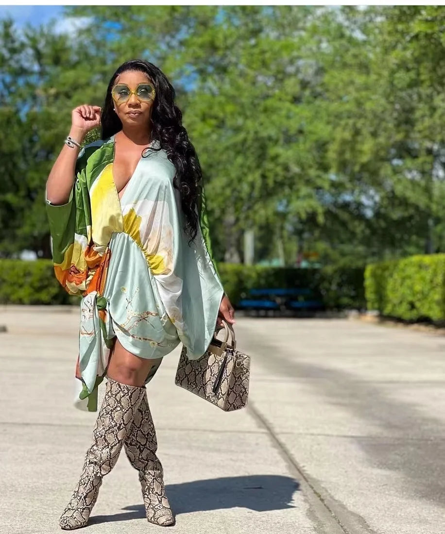 African Dresses For Women Bohomian Summer Beach Party  V-Neck Dress Europe Fashion Silk Printed Batwing Sleeve Boubou
