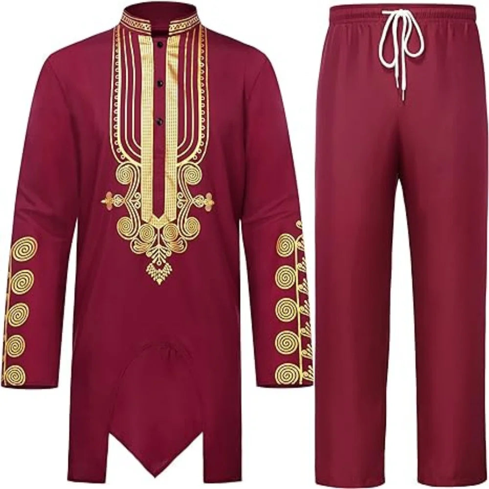 Chemise africaine à manches longues pour hommes, chemise à col chinois imprimé en métal doré, ensemble deux pièces pour Festival National traditionnel de mariage