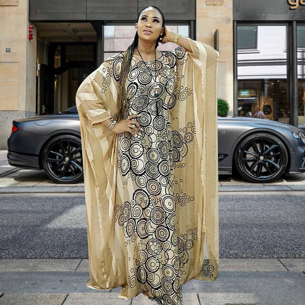 African Dresses For Women Rich bazin Evening Party Maxi Dress Colorful Stripe Circle Print Nigeria Long Robe Elegant Sexy Daily