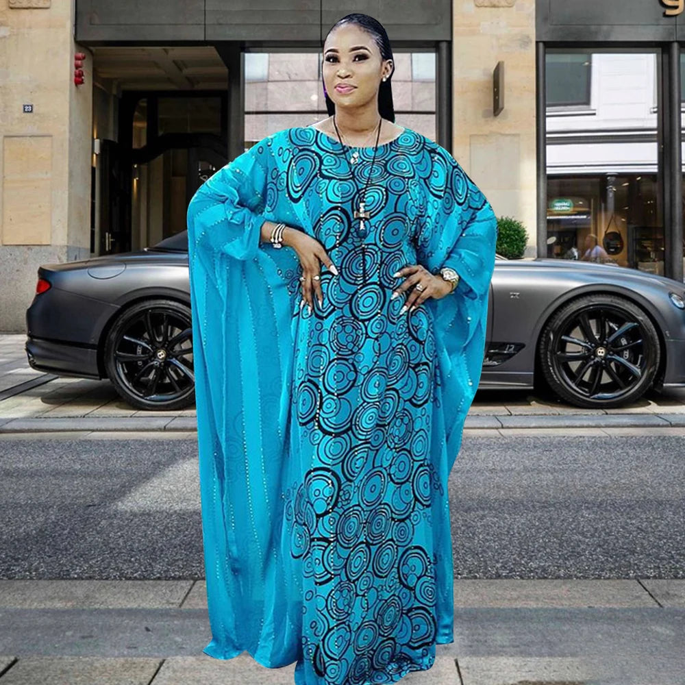 African Dresses For Women Rich bazin Evening Party Maxi Dress Colorful Stripe Circle Print Nigeria Long Robe Elegant Sexy Daily