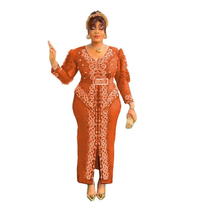 Cross-Border Supply African Hot-Selling V-Neck Hot Diamond Beading Bubble Mesh Sleeves Waist Long Skirt Slit Dress