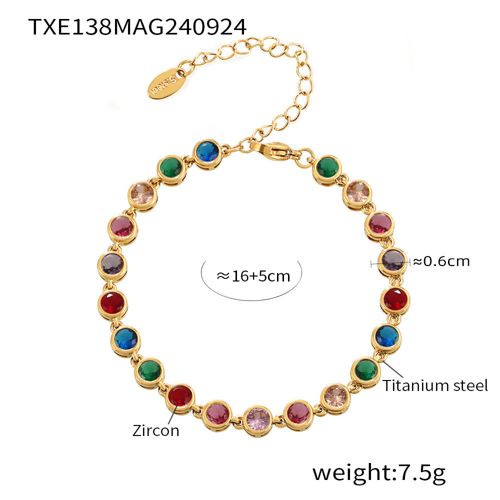 European and American Style Colorful Round Bead Zircon Necklace Bracelet Titanium Steel Pvd Plated 18K Gold Bohemian Super Flash Jewelry Set