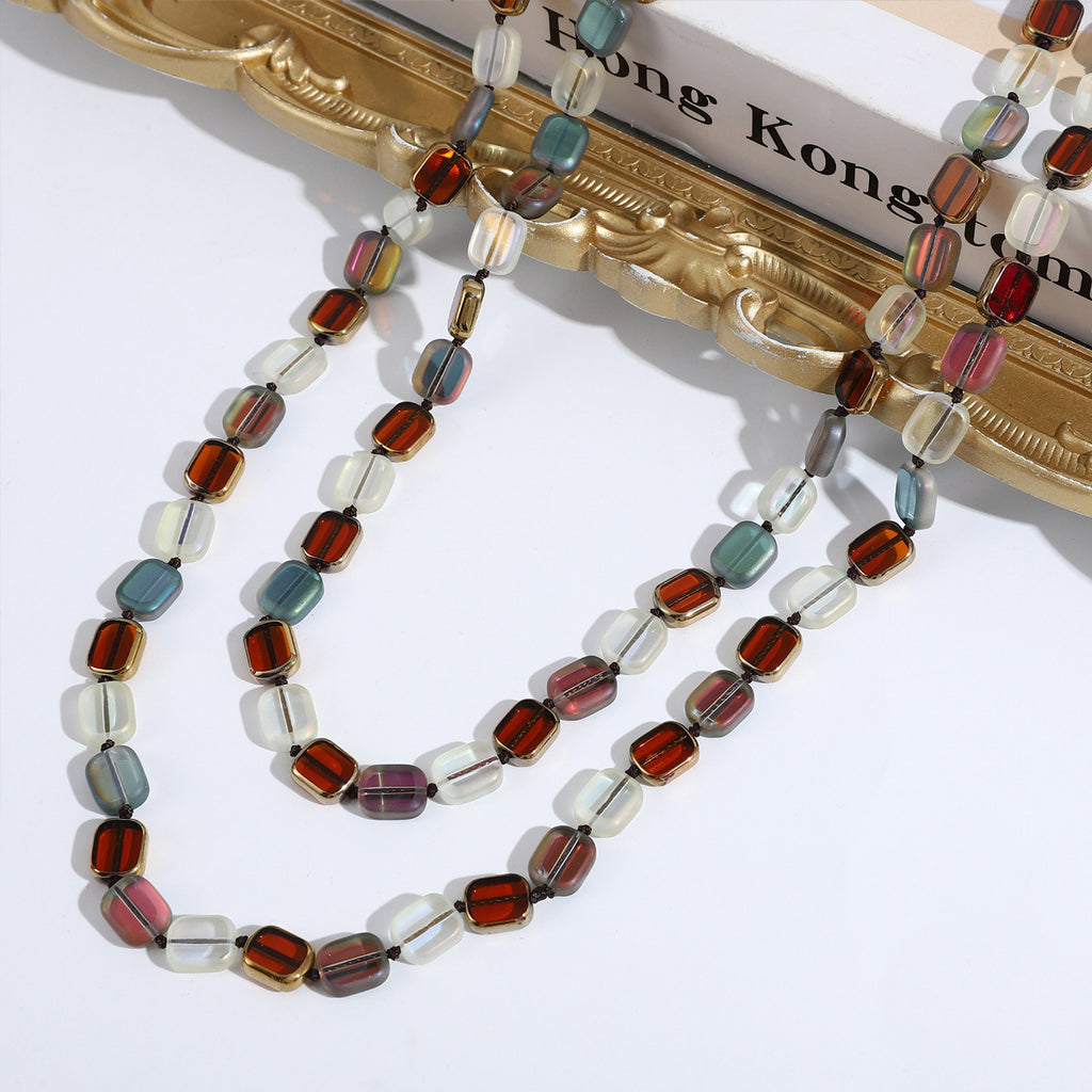 Personalized Simple Color Square Crystal Beaded Long Necklace Women's Retro Handmade Multi-layer Sweater Chain European and American New
