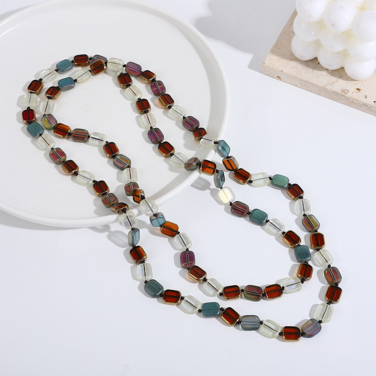 Personalized Simple Color Square Crystal Beaded Long Necklace Women's Retro Handmade Multi-layer Sweater Chain European and American New