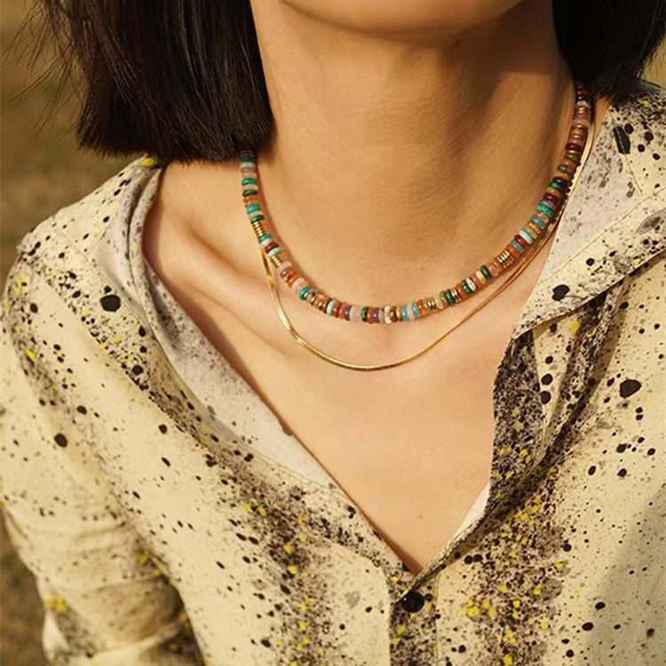 Niche natural semi-precious stone color Frisbee necklace handmade beaded vintage temperament clavicle chain high multi-color optional