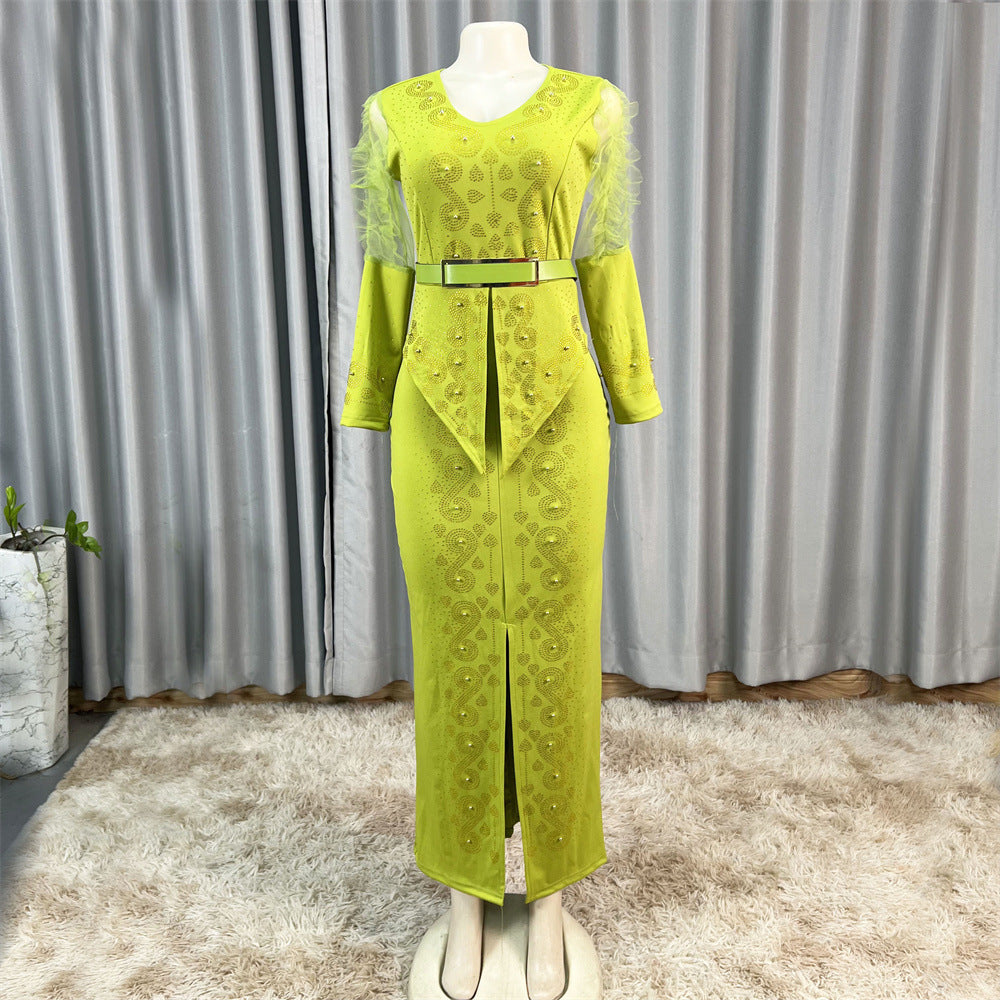 Cross-Border Supply African Hot-Selling V-Neck Hot Diamond Beading Bubble Mesh Sleeves Waist Long Skirt Slit Dress