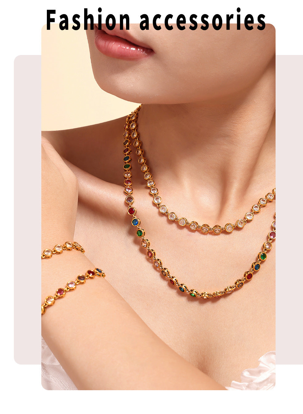European and American Style Colorful Round Bead Zircon Necklace Bracelet Titanium Steel Pvd Plated 18K Gold Bohemian Super Flash Jewelry Set