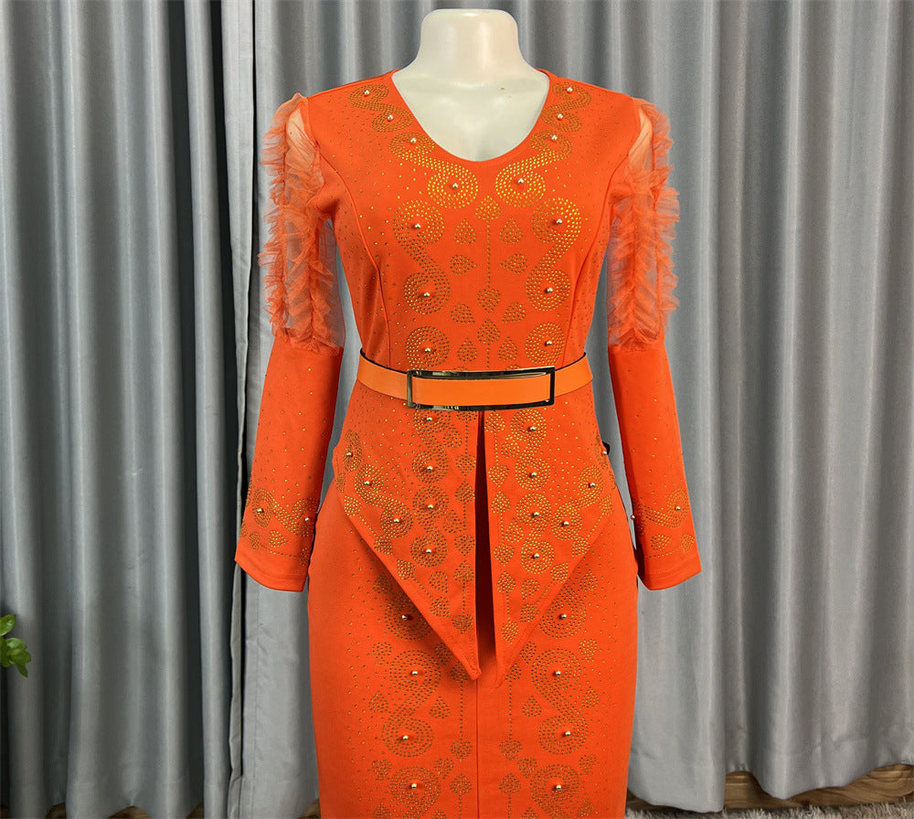 Cross-Border Supply African Hot-Selling V-Neck Hot Diamond Beading Bubble Mesh Sleeves Waist Long Skirt Slit Dress