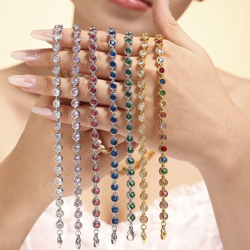 European and American Style Colorful Round Bead Zircon Necklace Bracelet Titanium Steel Pvd Plated 18K Gold Bohemian Super Flash Jewelry Set