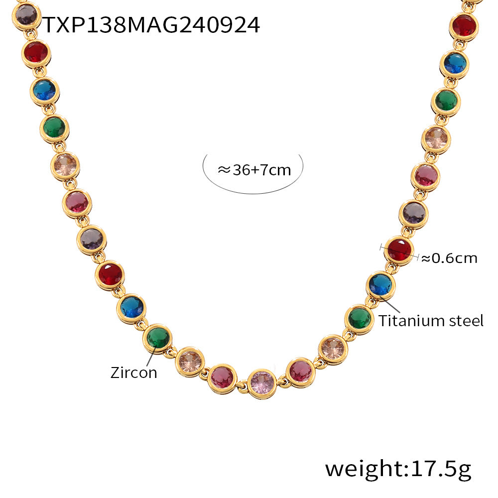 European and American Style Colorful Round Bead Zircon Necklace Bracelet Titanium Steel Pvd Plated 18K Gold Bohemian Super Flash Jewelry Set