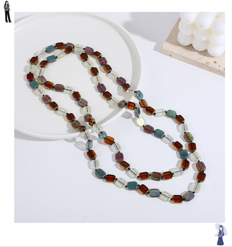 Personalized Simple Color Square Crystal Beaded Long Necklace Women's Retro Handmade Multi-layer Sweater Chain European and American New