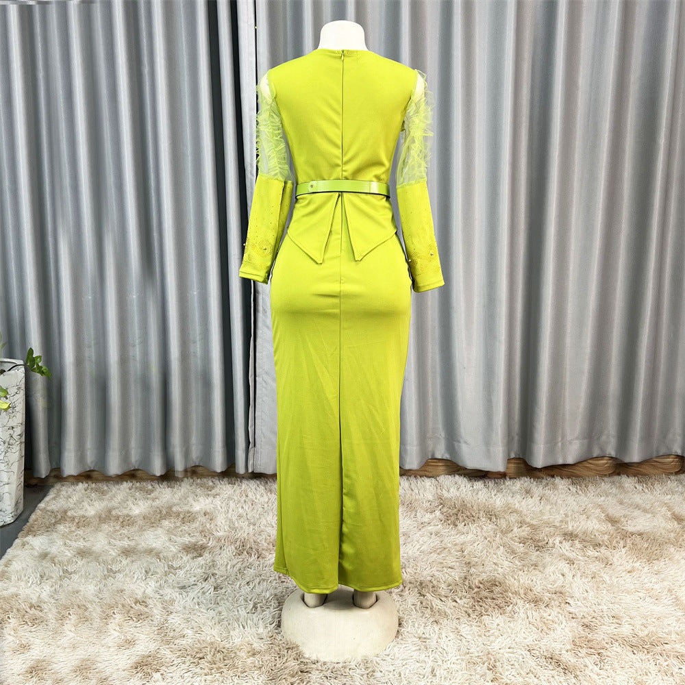 Cross-Border Supply African Hot-Selling V-Neck Hot Diamond Beading Bubble Mesh Sleeves Waist Long Skirt Slit Dress