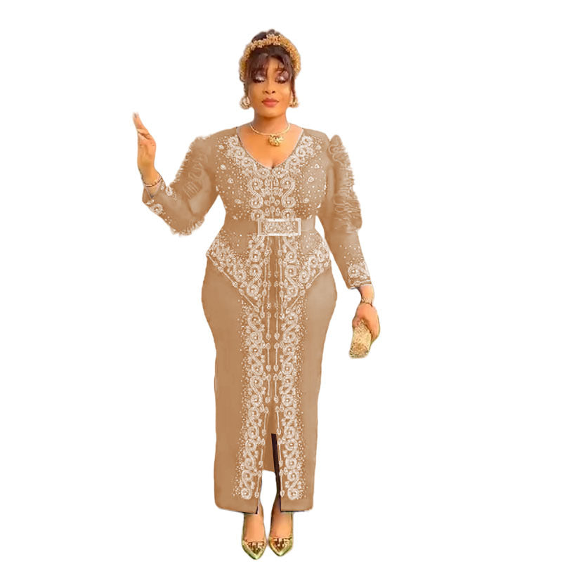 Cross-Border Supply African Hot-Selling V-Neck Hot Diamond Beading Bubble Mesh Sleeves Waist Long Skirt Slit Dress