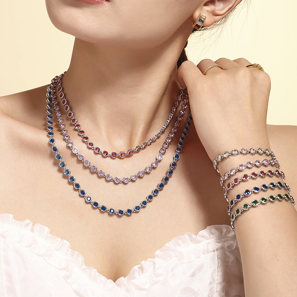 European and American Style Colorful Round Bead Zircon Necklace Bracelet Titanium Steel Pvd Plated 18K Gold Bohemian Super Flash Jewelry Set