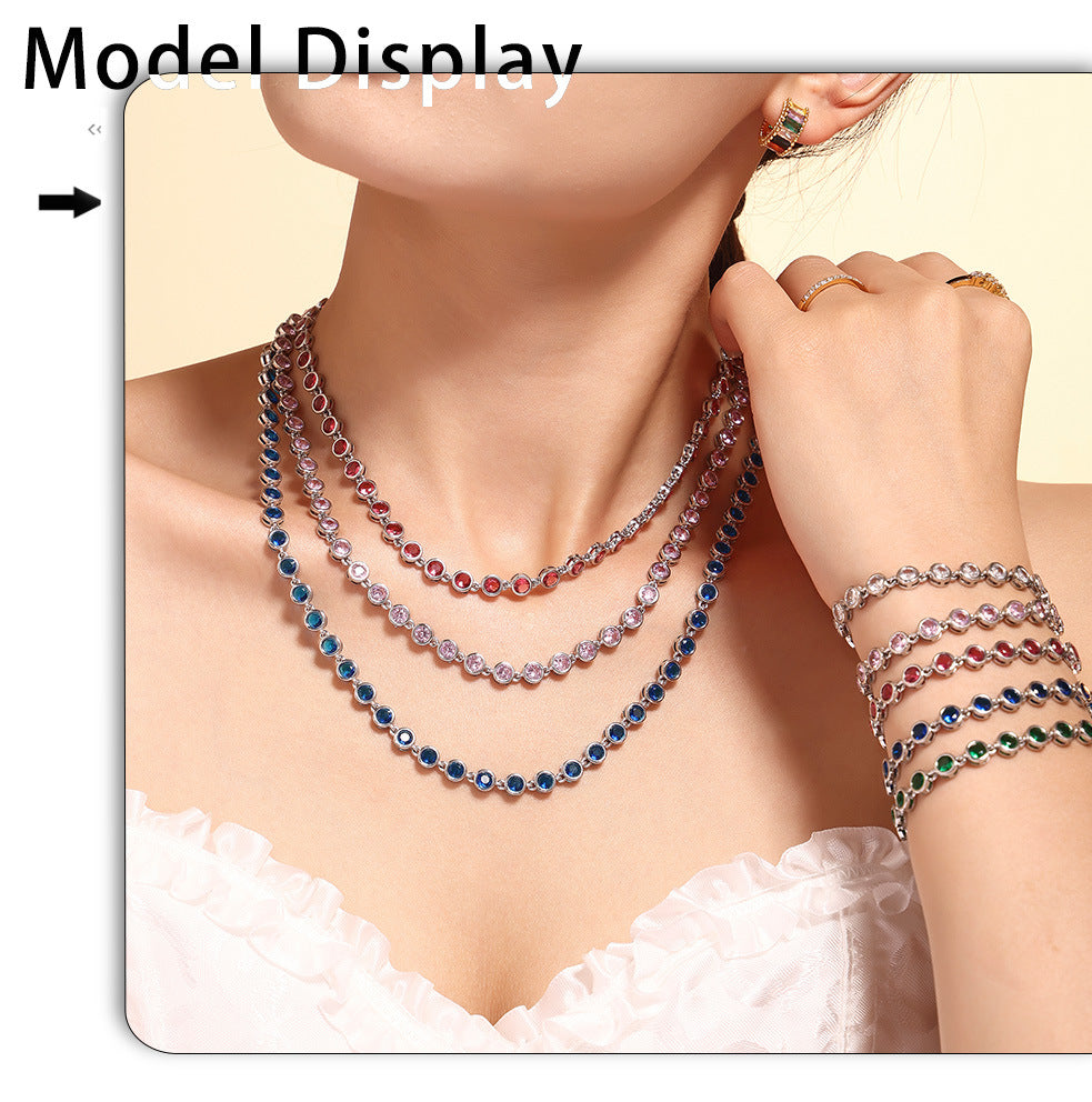 European and American Style Colorful Round Bead Zircon Necklace Bracelet Titanium Steel Pvd Plated 18K Gold Bohemian Super Flash Jewelry Set