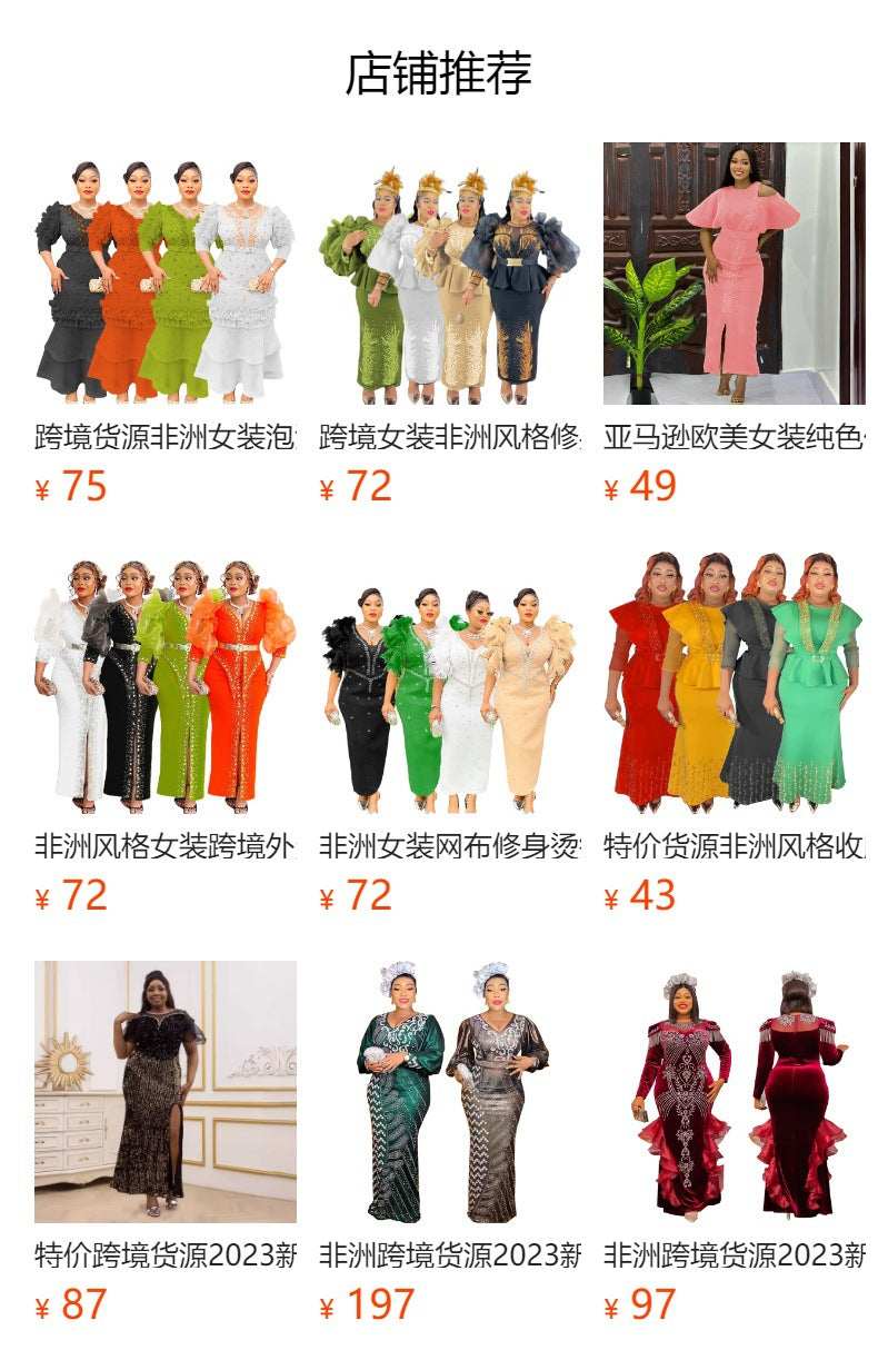 Cross-Border Supply African Hot-Selling V-Neck Hot Diamond Beading Bubble Mesh Sleeves Waist Long Skirt Slit Dress