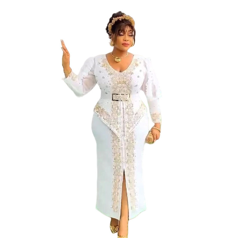 Cross-Border Supply African Hot-Selling V-Neck Hot Diamond Beading Bubble Mesh Sleeves Waist Long Skirt Slit Dress