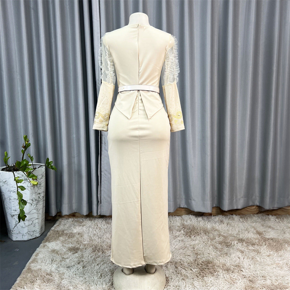 Cross-Border Supply African Hot-Selling V-Neck Hot Diamond Beading Bubble Mesh Sleeves Waist Long Skirt Slit Dress
