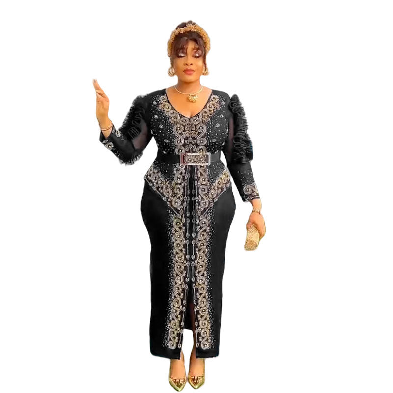 Cross-Border Supply African Hot-Selling V-Neck Hot Diamond Beading Bubble Mesh Sleeves Waist Long Skirt Slit Dress