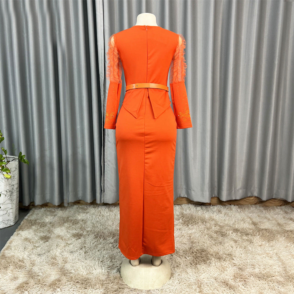 Cross-Border Supply African Hot-Selling V-Neck Hot Diamond Beading Bubble Mesh Sleeves Waist Long Skirt Slit Dress