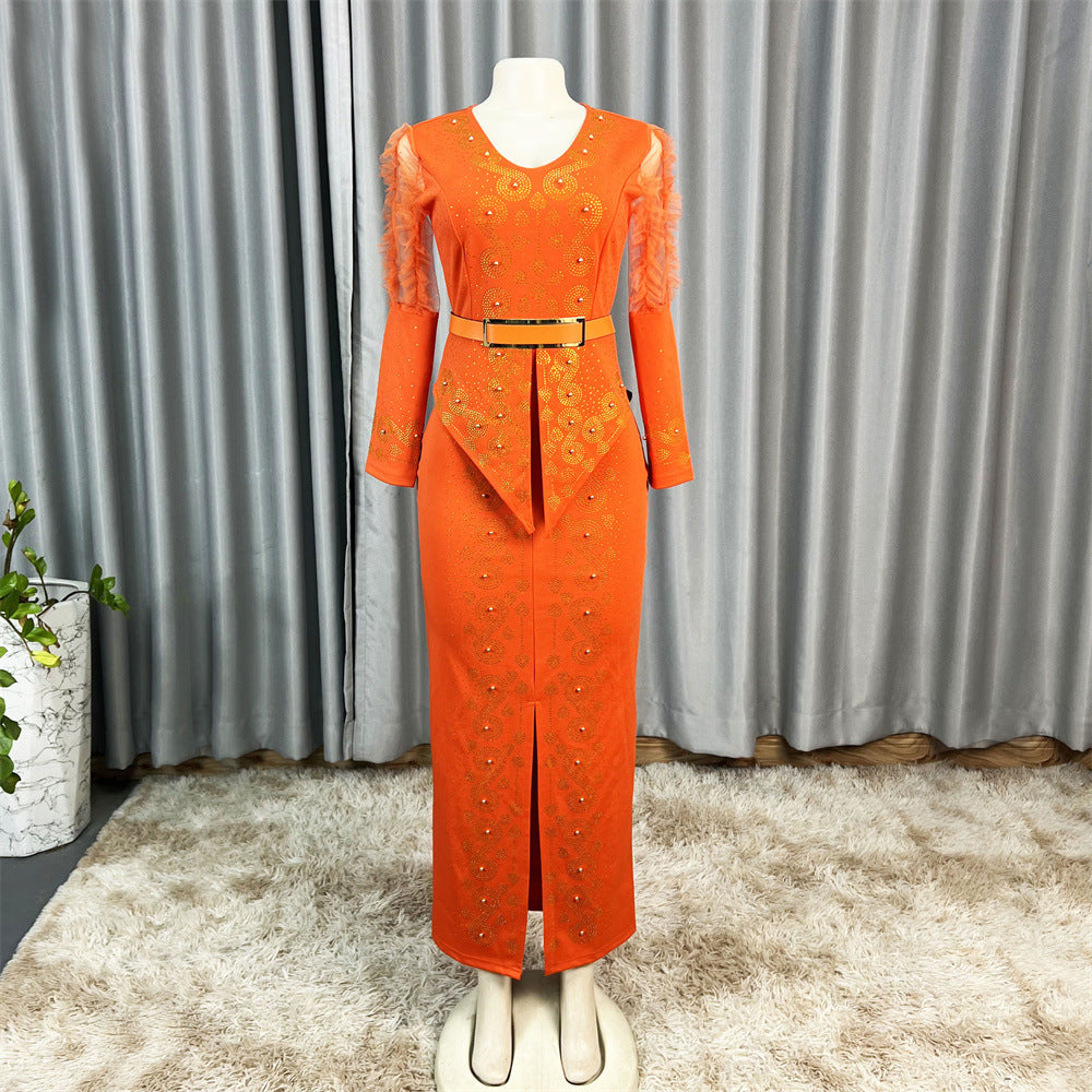 Cross-Border Supply African Hot-Selling V-Neck Hot Diamond Beading Bubble Mesh Sleeves Waist Long Skirt Slit Dress