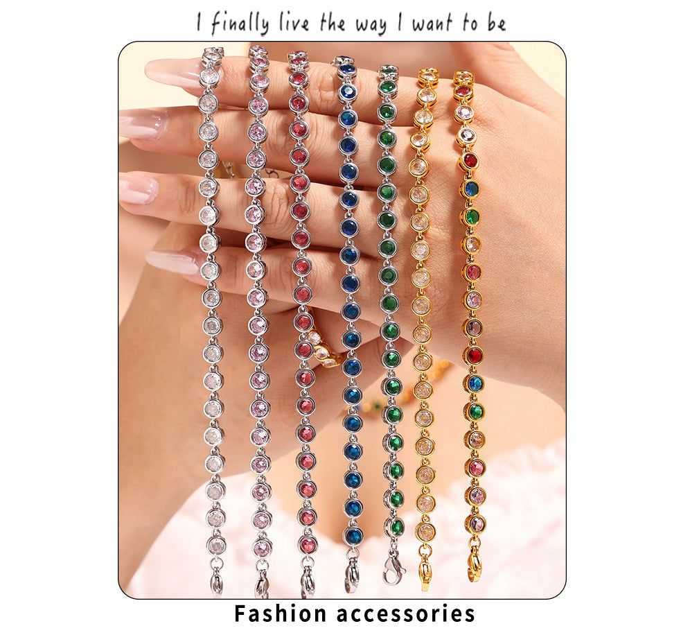 European and American Style Colorful Round Bead Zircon Necklace Bracelet Titanium Steel Pvd Plated 18K Gold Bohemian Super Flash Jewelry Set