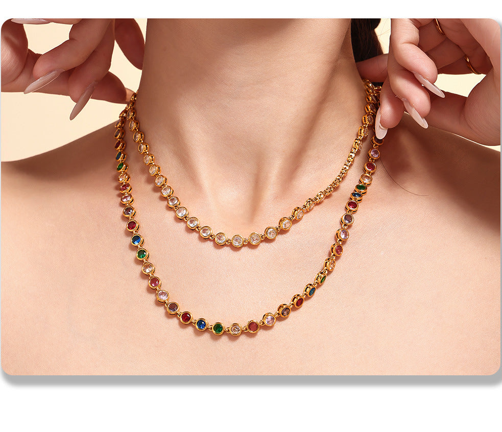 European and American Style Colorful Round Bead Zircon Necklace Bracelet Titanium Steel Pvd Plated 18K Gold Bohemian Super Flash Jewelry Set
