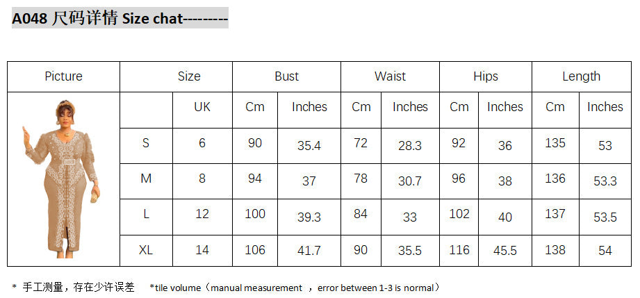 Cross-Border Supply African Hot-Selling V-Neck Hot Diamond Beading Bubble Mesh Sleeves Waist Long Skirt Slit Dress