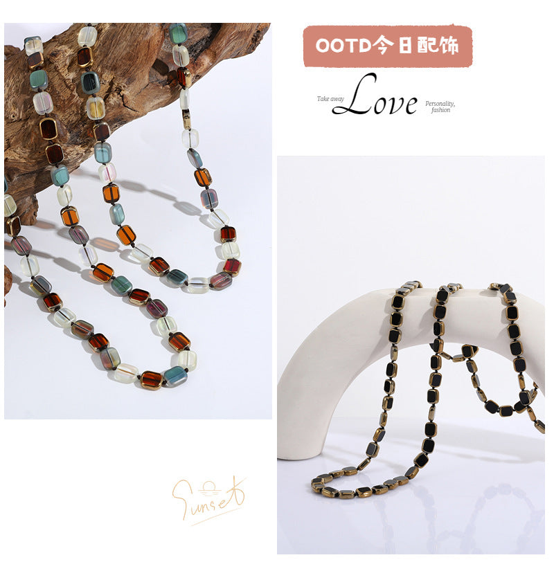 Personalized Simple Color Square Crystal Beaded Long Necklace Women's Retro Handmade Multi-layer Sweater Chain European and American New