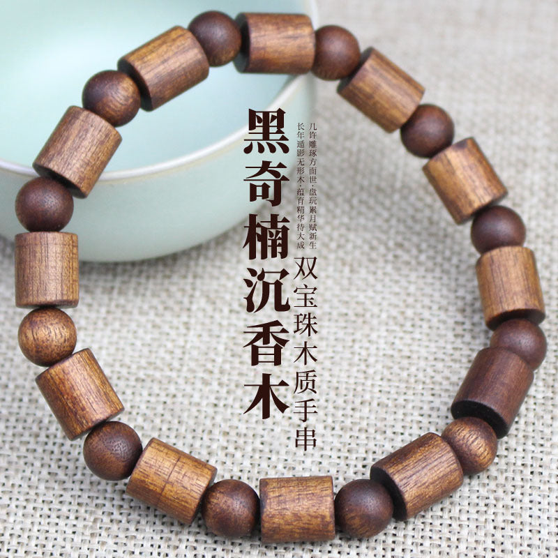 Factory wholesale black Qinan agarwood bracelets old medicine incense barrel beads double treasure bead bracelet wooden text play Buddha beads for men and women