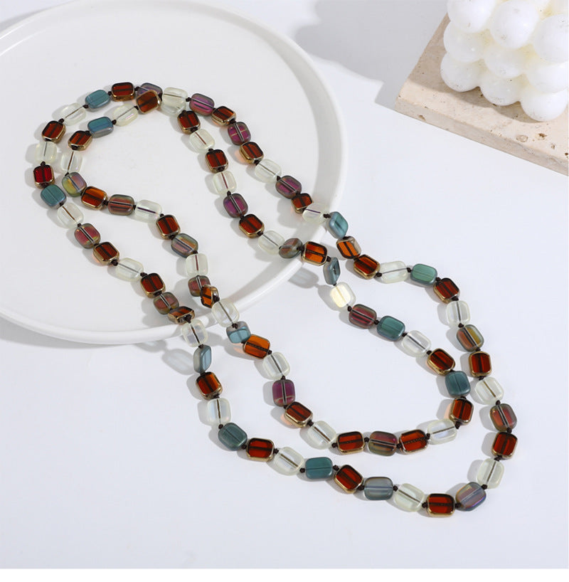 Personalized Simple Color Square Crystal Beaded Long Necklace Women's Retro Handmade Multi-layer Sweater Chain European and American New