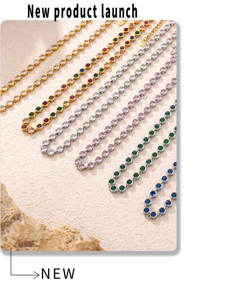 European and American Style Colorful Round Bead Zircon Necklace Bracelet Titanium Steel Pvd Plated 18K Gold Bohemian Super Flash Jewelry Set