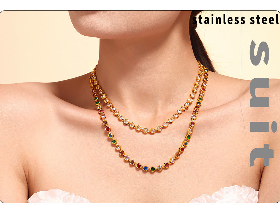 European and American Style Colorful Round Bead Zircon Necklace Bracelet Titanium Steel Pvd Plated 18K Gold Bohemian Super Flash Jewelry Set