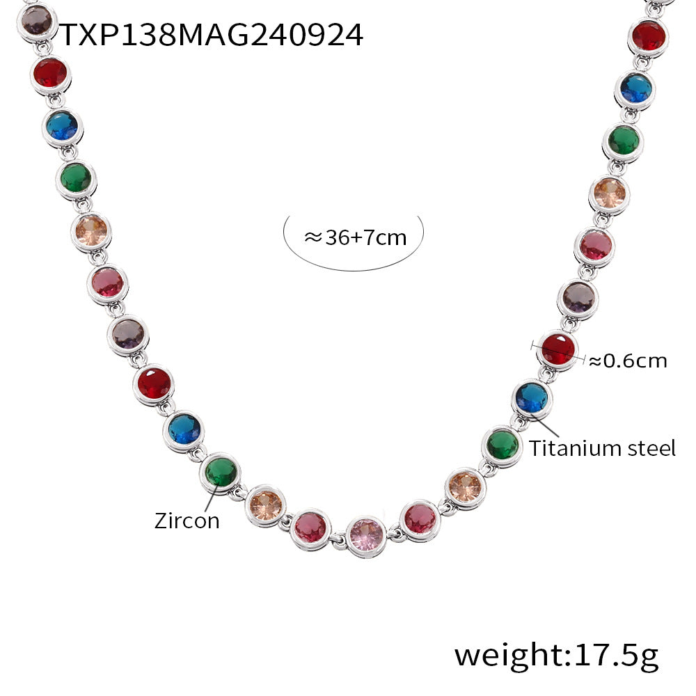 European and American Style Colorful Round Bead Zircon Necklace Bracelet Titanium Steel Pvd Plated 18K Gold Bohemian Super Flash Jewelry Set