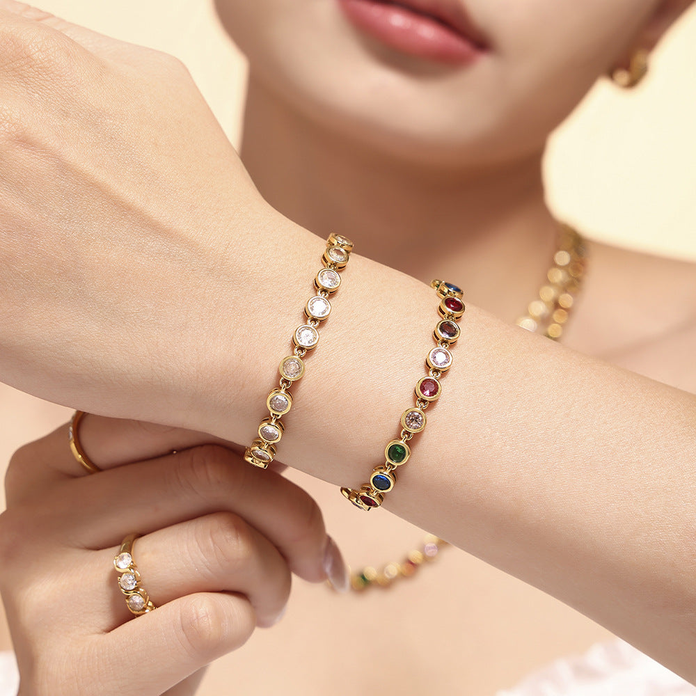 European and American Style Colorful Round Bead Zircon Necklace Bracelet Titanium Steel Pvd Plated 18K Gold Bohemian Super Flash Jewelry Set