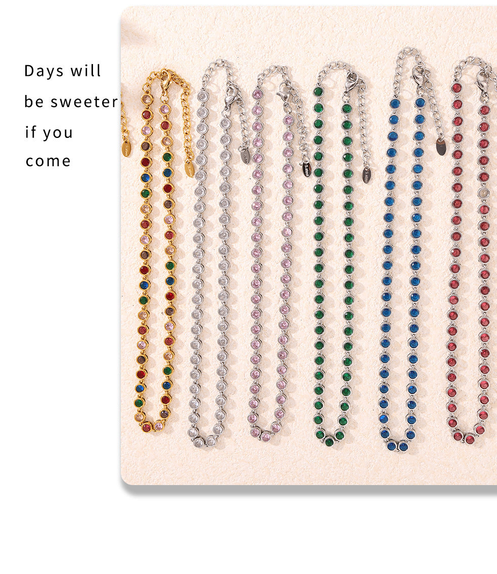 European and American Style Colorful Round Bead Zircon Necklace Bracelet Titanium Steel Pvd Plated 18K Gold Bohemian Super Flash Jewelry Set