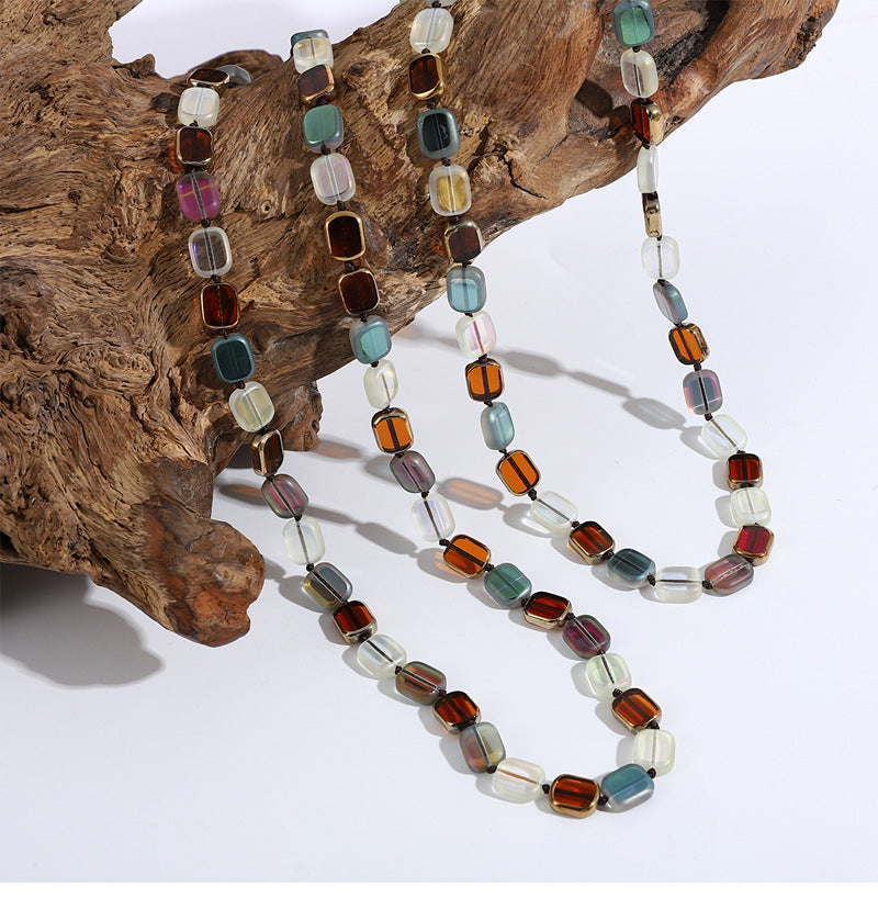 Personalized Simple Color Square Crystal Beaded Long Necklace Women's Retro Handmade Multi-layer Sweater Chain European and American New
