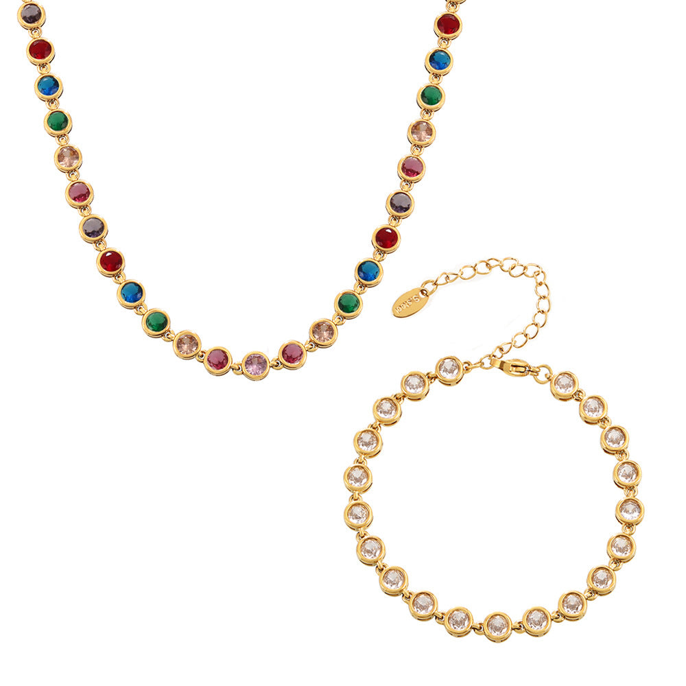 European and American Style Colorful Round Bead Zircon Necklace Bracelet Titanium Steel Pvd Plated 18K Gold Bohemian Super Flash Jewelry Set