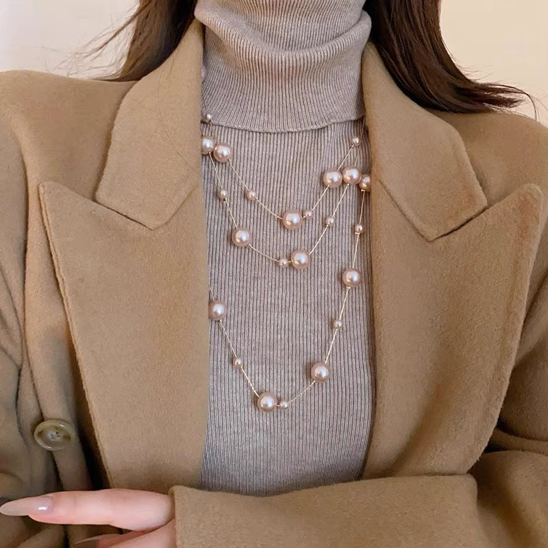 Light Luxury and High-End Multi-Layered Pearl Sweater Chain, Feminine, Simple, Long Autumn and Winter Necklace, Alloy Accessories, Jewelry