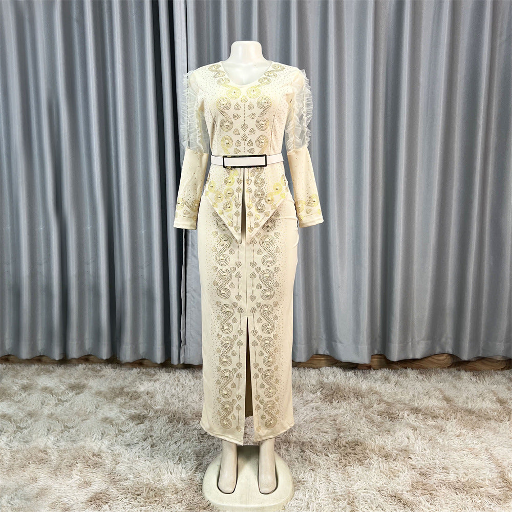 Cross-Border Supply African Hot-Selling V-Neck Hot Diamond Beading Bubble Mesh Sleeves Waist Long Skirt Slit Dress