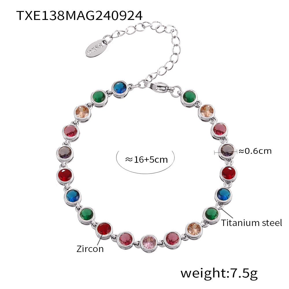 European and American Style Colorful Round Bead Zircon Necklace Bracelet Titanium Steel Pvd Plated 18K Gold Bohemian Super Flash Jewelry Set