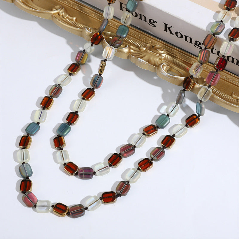 Personalized Simple Color Square Crystal Beaded Long Necklace Women's Retro Handmade Multi-layer Sweater Chain European and American New