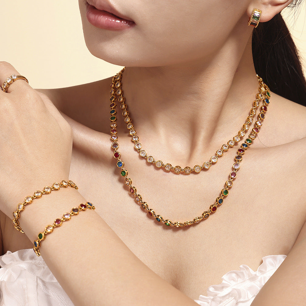 European and American Style Colorful Round Bead Zircon Necklace Bracelet Titanium Steel Pvd Plated 18K Gold Bohemian Super Flash Jewelry Set