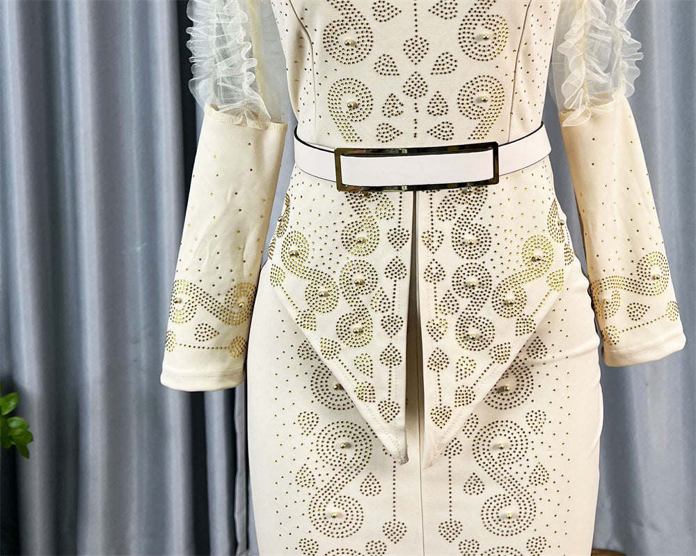 Cross-Border Supply African Hot-Selling V-Neck Hot Diamond Beading Bubble Mesh Sleeves Waist Long Skirt Slit Dress